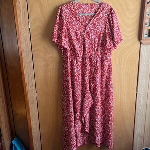 Red Floral V-Neck Midi Dress
